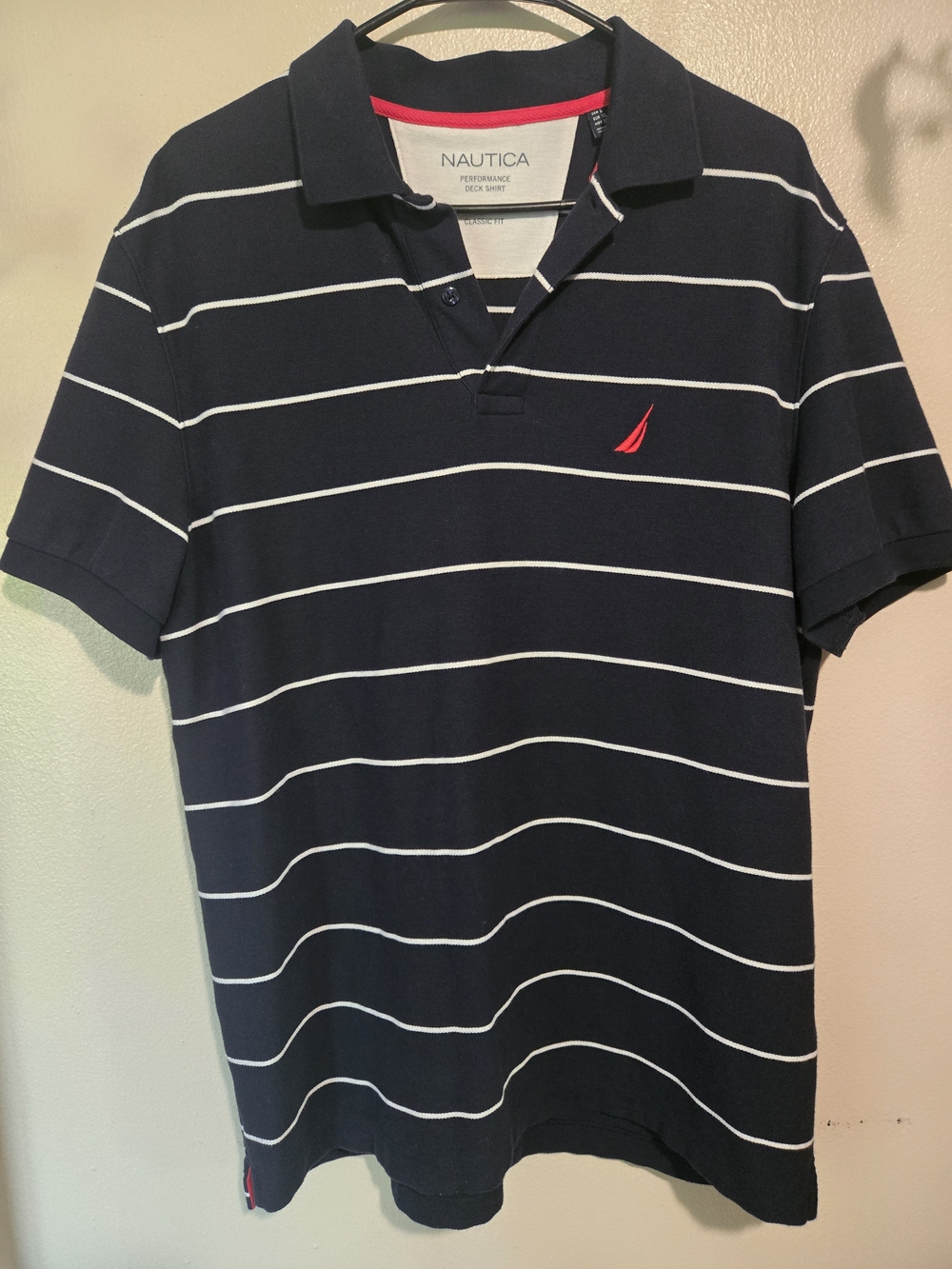 Nautica Performance Deck Shirt Navy & White Striped Large Polo with Red Logo